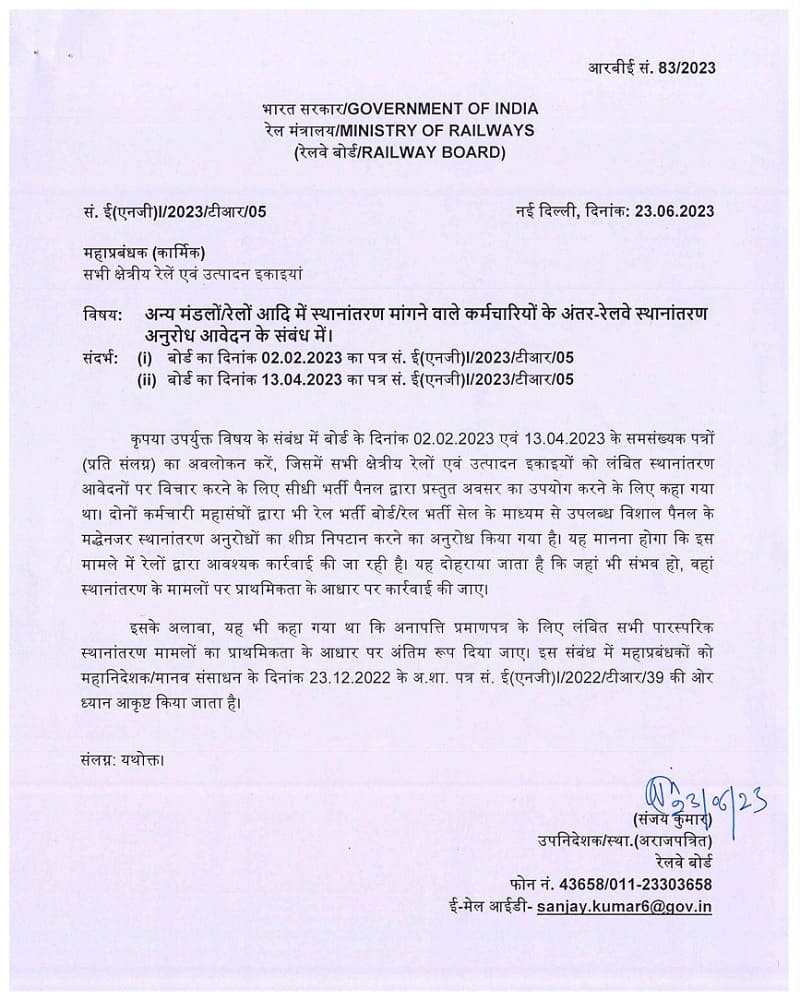 Inter Railway request transfer applications of staff seeking transfer to other Divisions/Railways – RBE No. 83/2023
