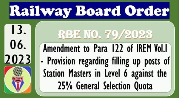 Provision regarding filling up posts of Station Masters in Level 6 against the 25% General Selection Quota  -Amendment: RBE No. 79/2023