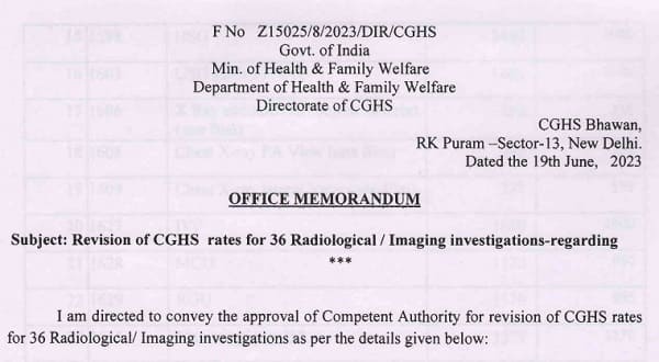 Revision of CGHS rates for 36 Radiological / Imaging investigations: CGHS OM dated 19.06.2023