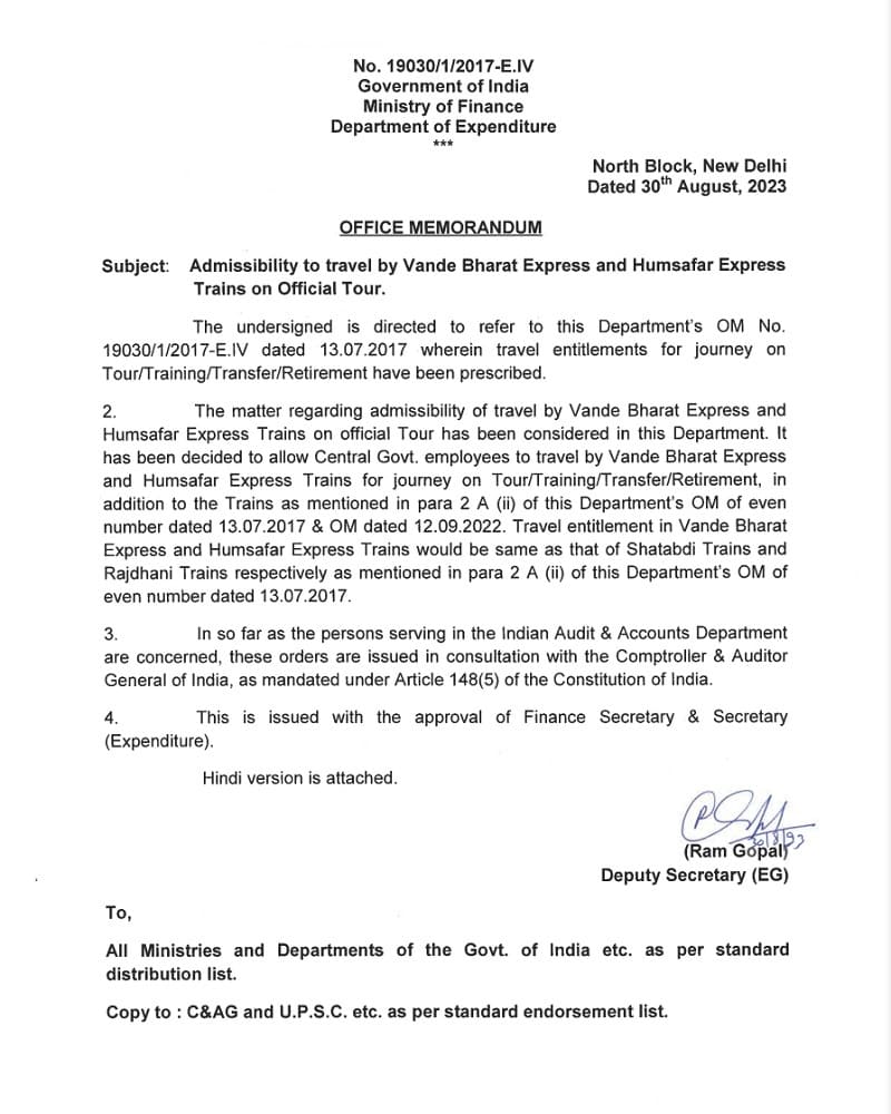 Admissibility to travel by Vande Bharat Express and Humsafar Express Trains on Official Tour/ Training/ Transfer/ Retirement: DoE, FinMin OM dated 30.08.2023