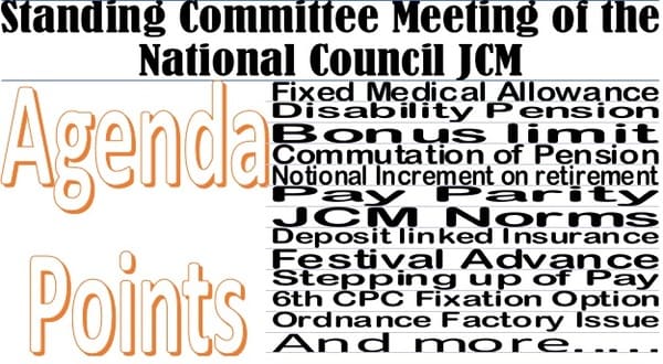 Standing Committee Meeting of the National Council JCM – Agenda points for discussion and settlement includes MACP, Notional Increment, FMA, Bonus, Festival Advance, Stepping up of Pay etc.