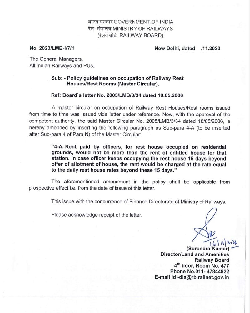 Policy guidelines on occupation of Railway Rest Houses/Rest Rooms (Master Circular) – Addendum by Railway Board dated 14.11.2023 