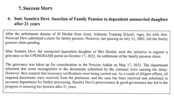 Success Story of Pension Adalat: Miss Sumitra Devi- Sanction of Family Pension to dependent unmarried daughter after 21 years 