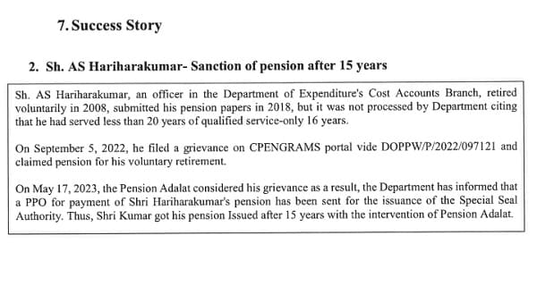 Success Story of Pension Adalat: Sanction of pension after 15 years to Sh. AS Hariharakumar  