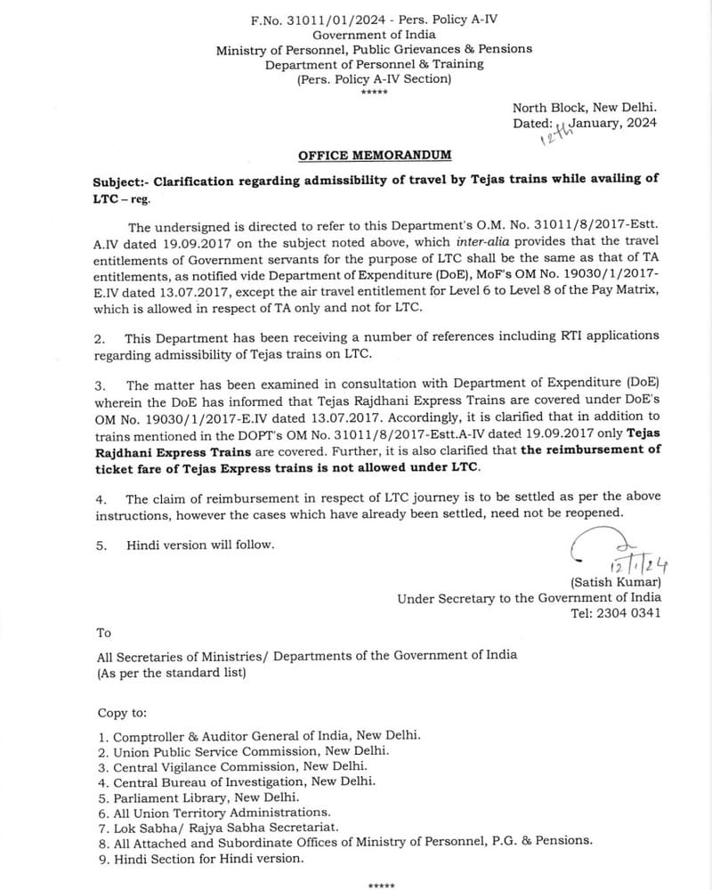 Admissibility of travel by Tejas trains while availing of LTC – Clarification by DoP&T vide OM dated 12.01.2024