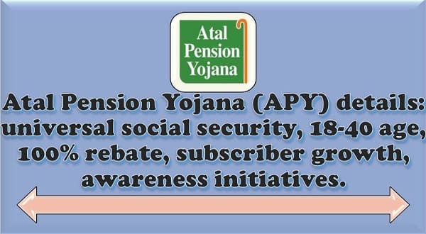 Atal Pension Yojana (APY) details: universal social security, 18-40 age, 100% rebate, subscriber growth, awareness initiatives.