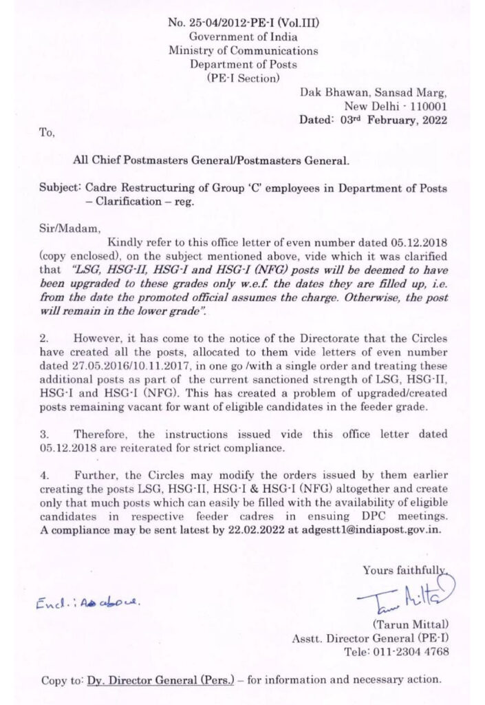 Cadre Restructuring of Group C employees in Department of Posts – Clarification to avoid vacant upgraded posts.