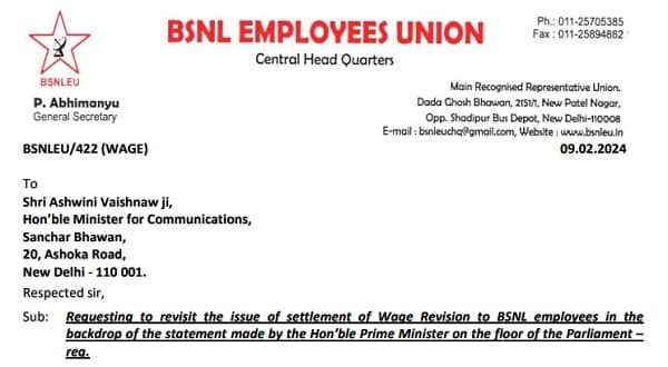 Issue of settlement of Wage Revision to BSNL employees – Request to reconsider in light of PM’s statement by BSNL Employees Union