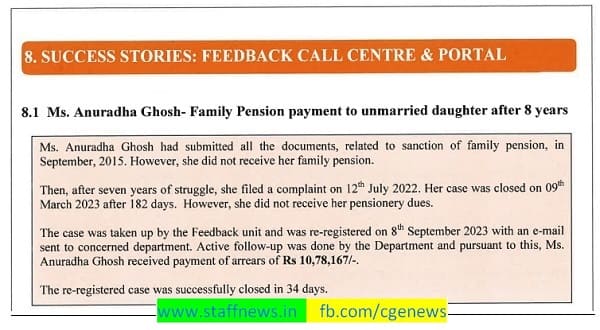 Ms. Anuradha Ghosh – Family Pension Payment of Rs 10,78,167/- after 8 years to Unmarried Daughter in 34 days via Feedback Call Centre & Portal 