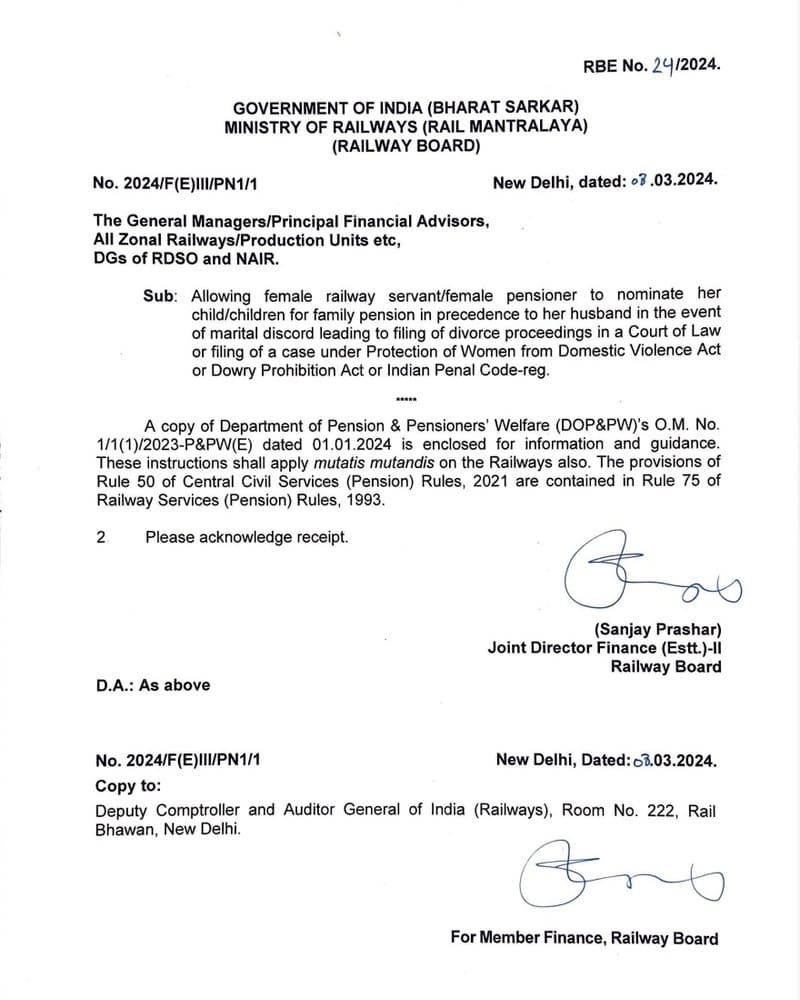 Allowing female railway servant/female pensioner to nominate her child/children for family pension amid marital discord: Railway Board RBE No. 24/2024 Allowing female railway servant/female pensioner to nominate her child/children for family pension amid marital discord: Railway Board RBE No. 24/2024
