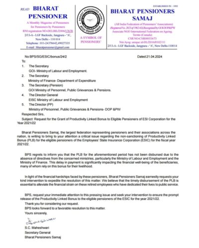 Grant of Productivity Linked Bonus to Eligible Pensioners of ESI Corporation for the Year 2021/22 - Request for: BPS 1 grant-of-productivity-linked-bonus-to-eligible-pensioners-of-esic