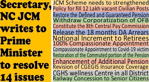 8th CPC, Withdraw NPS, Additional Pension, Commutation restoration, 18 months DA Arrears and other issues- NC JCM appeal to PM to resolve 14 demand 8th CPC, Withdraw NPS, Additional Pension, Commutation restoration, 18 months DA Arrears and other issues- NC JCM appeal to PM to resolve 14 demand