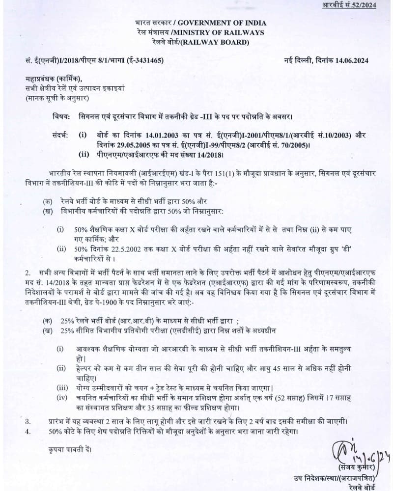 Avenue of promotion to the post of Tech. Gr. III in S&T Department: Railway Board RBE No. 52/2024 Avenue of promotion to the post of Tech. Gr. III in S&T Department: Railway Board RBE No. 52/2024