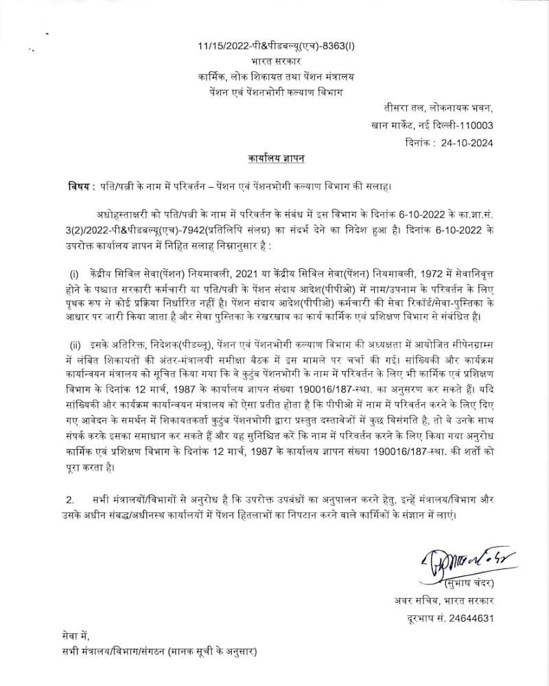 पति/पत्नी के नाम में परिवर्तन – पेंशन एवं पेंशनभोगी कल्याण विभाग की सलाह पति/पत्नी के नाम में परिवर्तन – पेंशन एवं पेंशनभोगी कल्याण विभाग की सलाह