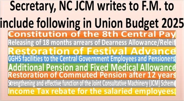 8th Central Pay Commission, 18 months DA/DR Arrear, Festival Advance, Additional Pension, Fixed Medical Advance, Commuted Pension, IT Rebate etc: NC JCM demands to include in Union Budget 8th Central Pay Commission, 18 months DA/DR Arrear, Festival Advance, Additional Pension, Fixed Medical Advance, Commuted Pension, IT Rebate etc: NC JCM demands to include in Union Budget