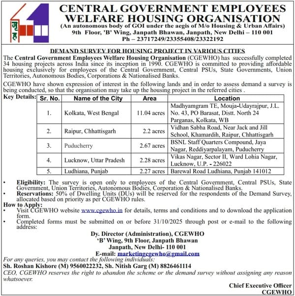 CGEWHO – Demand Survey for Housing Project in Kolkata, Raipur, Puducherry, Lucknow and Ludhiana CGEWHO – Demand Survey for Housing Project in Kolkata, Raipur, Puducherry, Lucknow and Ludhiana