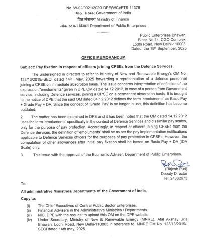 Pay fixation in respect of officers joining CPSEs from the Defence Services: DPE, FinMin O.M. 1 pay-fixation-in-respect-of-officers-joining-cpses