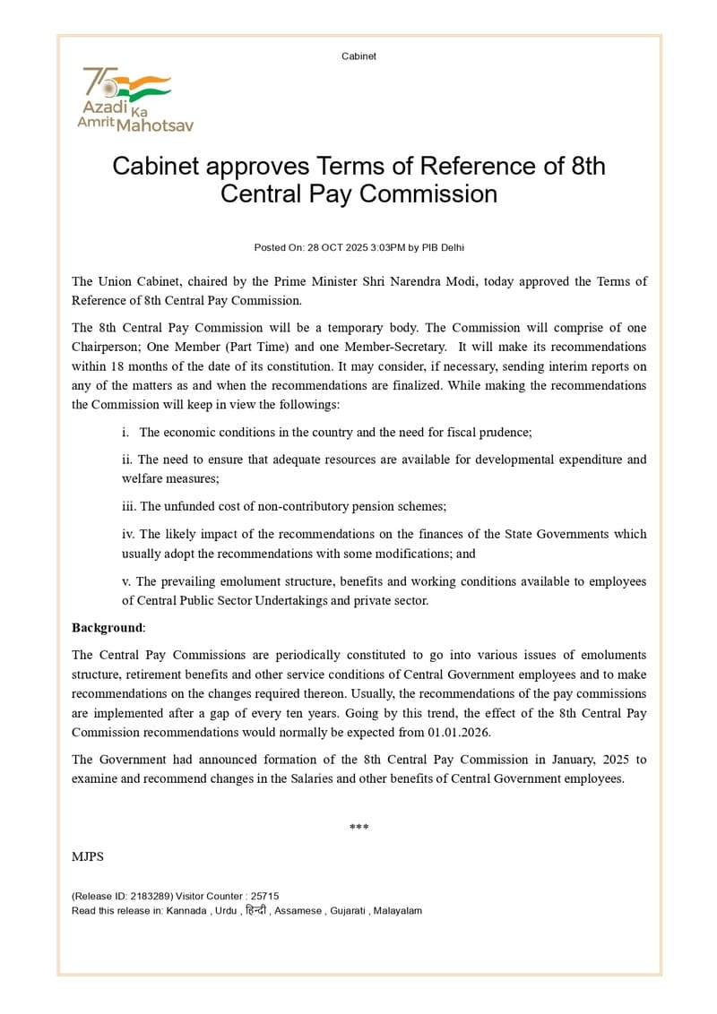 Cabinet approves Terms of Reference of 8th Central Pay Commission – Recommendations within 18 months