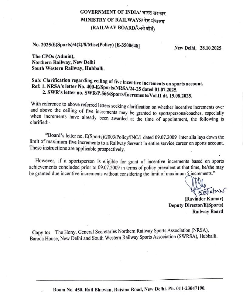 Ceiling of five incentive increment on sports account to sportspersons/coaches – Clarification by Railway Board Ceiling of five incentive increment on sports account to sportspersons/coaches – Clarification by Railway Board