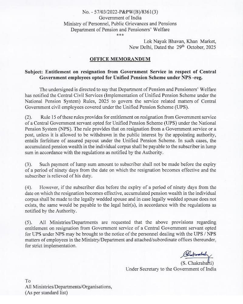 Entitlement on resignation – Individual corpus payable to employees opted for UPS under NPS: DoP&PW O.M. Entitlement on resignation – Individual corpus payable to employees opted for UPS under NPS: DoP&PW O.M.
