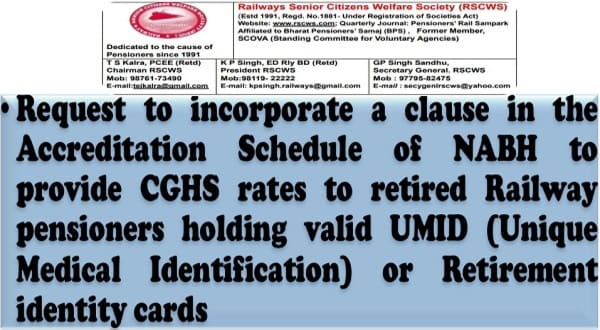Extension of CGHS Rates to Railway Pensioners at all NABH Accredited Hospitals – Request by RSCWS
