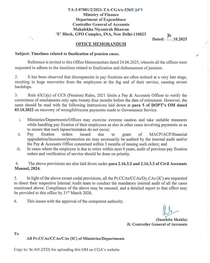 Timelines related to finalization of pension cases: CGA’s instructions to audit previous pay fixation orders Timelines related to finalization of pension cases: CGA’s instructions to audit previous pay fixation orders