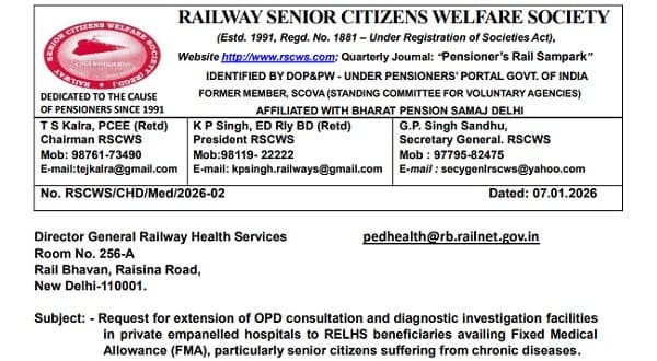 Extension of OPD and investigation facilities in empanelled hospitals to RELHS beneficiaries availing FMA: Request by RSCWS Extension of OPD and investigation facilities in empanelled hospitals to RELHS beneficiaries availing FMA: Request by RSCWS