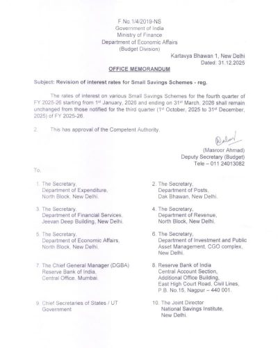 Interest rates for Small Savings Schemes w.e.f. 01.01.2026: Department of Posts SB Order 17/2025 1 interest-rates-for-small-savings-schemes-w-e-f-01-01-2026