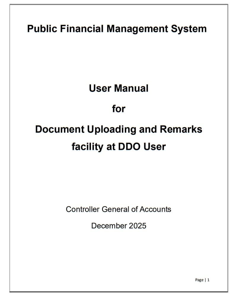 New functionality for uploading of documents and entering of remarks at DDO Level in PFMS for E-Bill: CAG, FinMin O.M. New functionality for uploading of documents and entering of remarks at DDO Level in PFMS for E-Bill: CAG, FinMin O.M.