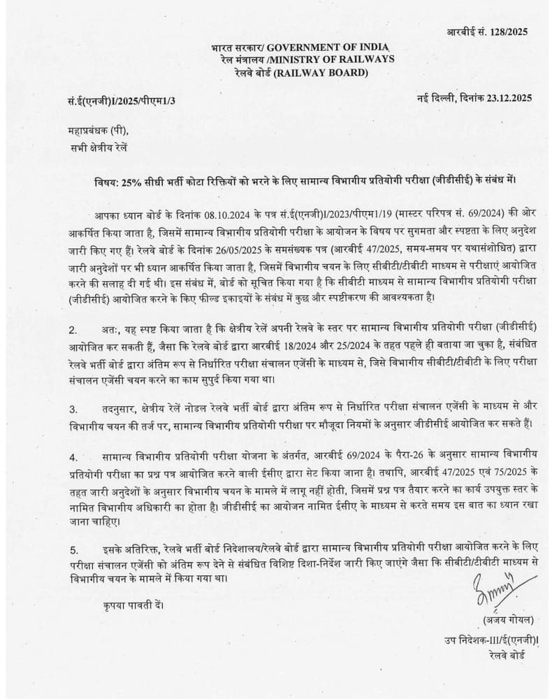 GDCE for filling up 25% of the Direct Recruitment Quota Vacancies: Railway Board RBE No. 128/2025 GDCE for filling up 25% of the Direct Recruitment Quota Vacancies: Railway Board RBE No. 128/2025
