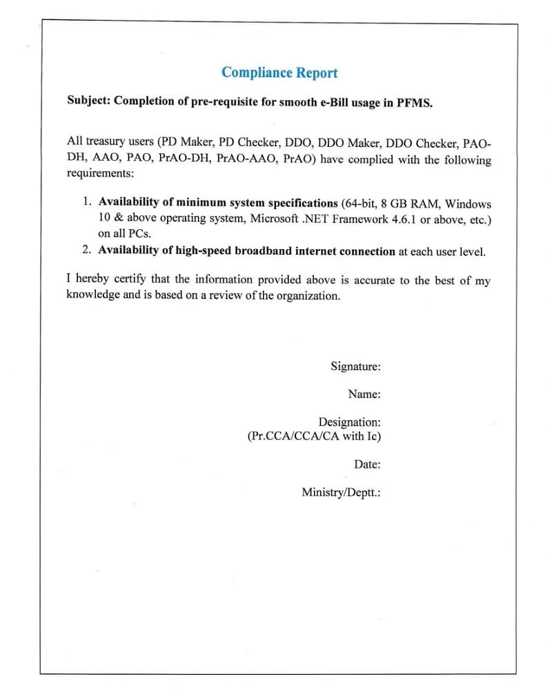 Compliance of completion of pre-requisites for smooth e-bill usage in PFMS – CGA, FinMin Order
