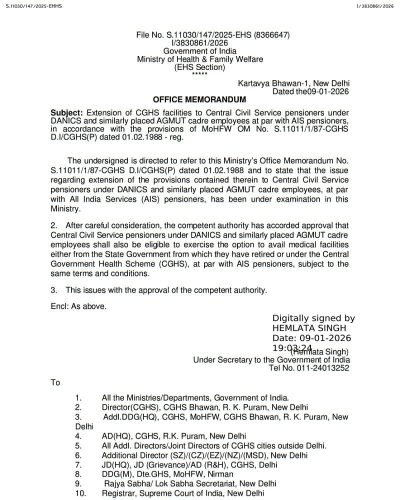 Extension of CGHS facilities to pensioners of DANICS and AGMUT cadre at par with AIS pensioners: MoH&FW O.M. 1 extension-of-cghs-facilities-to-pensioners-of-danics-and-agmut-cadre