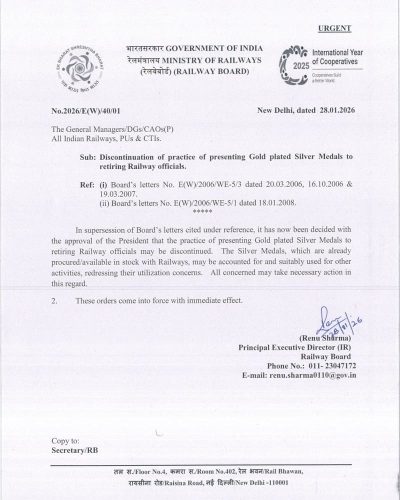 Presenting Gold plated Silver Medals to retiring Railway officials - Discontinuation of practice: Railway Board Order 1 presenting-gold-plated-silver-medals