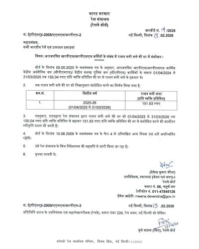 Ration Money Allowance for 2025-2026 in respect of Non-gazetted RPF/RPSF personnel: RBE No. 14/2026 1 ration-money-allowance-for-2025-2026-for-ng-rpf-rpsf-personnel