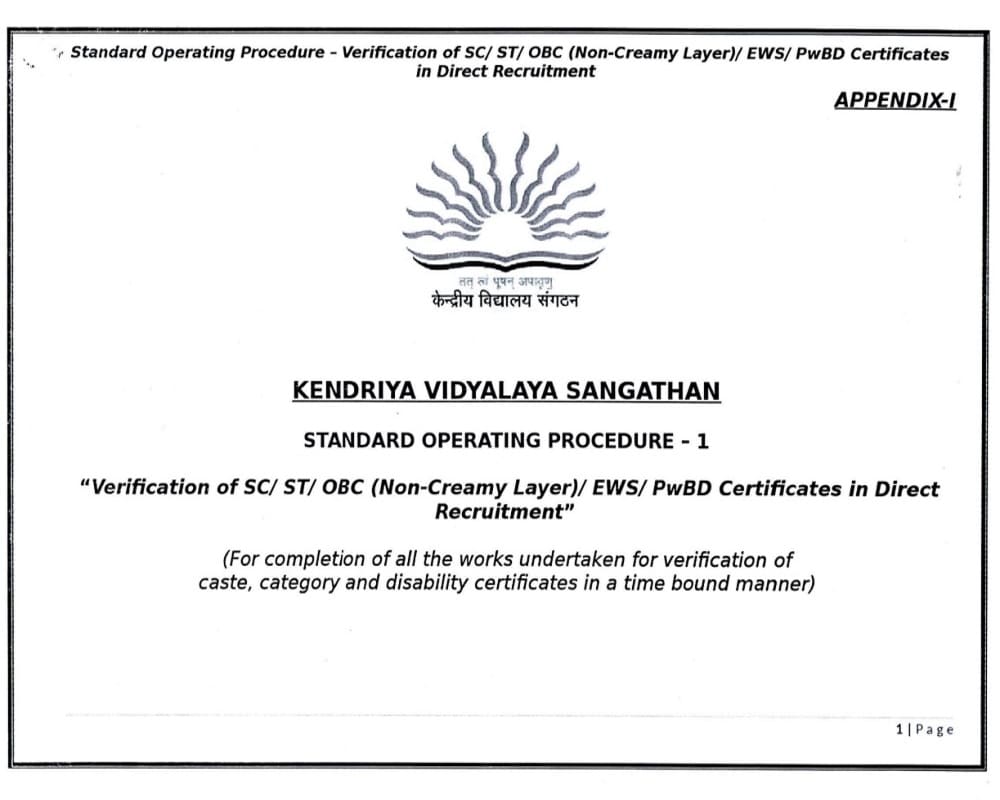 Verification of SC/ST/OBC/ EWS/ PwBD certificates in Direct Recruitment – Adoption of SOP Verification of SC/ST/OBC/ EWS/ PwBD certificates in Direct Recruitment – Adoption of SOP