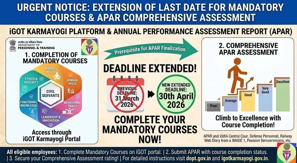 Completion of Mandatory Courses on iGOT Karmayogi platform – Extension of last date upto 30.04.2026: DoP&T Completion of Mandatory Courses on iGOT Karmayogi platform – Extension of last date upto 30.04.2026: DoP&T
