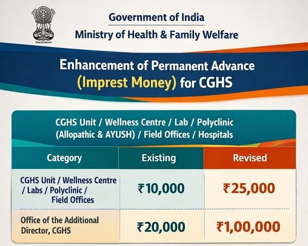Enhancement of Permanent Advance (Imprest Money) in respect of CGHS Units/Wellness Centres and Offices of Additional Directors, CGHS