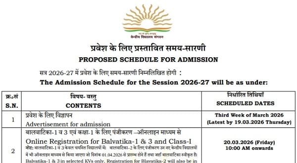 Kendriya Vidyalaya Admission Schedule for the Session 2026-27 (Proposed)