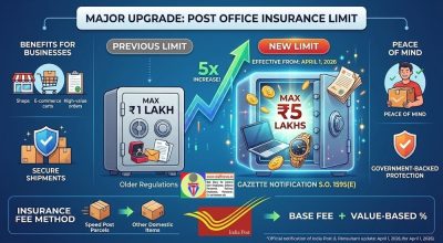 Incredible Update: Post Office Insurance Limit Skyrockets to ₹5 Lakhs under Post Office (Third Amendment) Regulations, 2026 1 Infographic showing Post Office Insurance Limit increase from ₹1 Lakh to ₹5 Lakh.