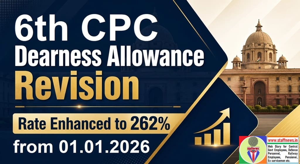 6th Central Pay Commission Dearness Allowance w.e.f. 1st Jan, 2026 @ 262% – 5% hike: DoE, Fin Min OM 6th Central Pay Commission Dearness Allowance w.e.f. 1st Jan, 2026 @ 262% – 5% hike: DoE, Fin Min OM