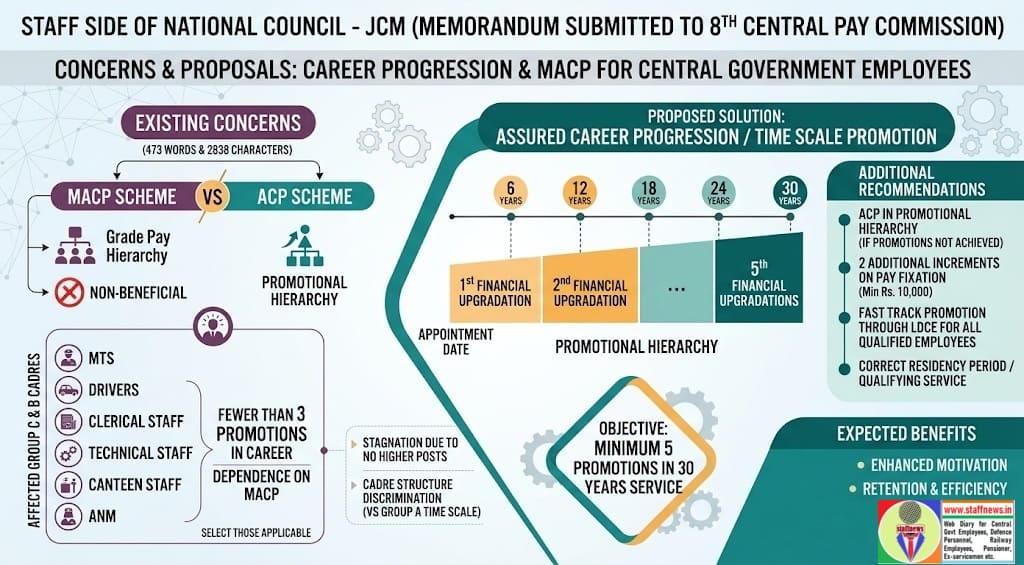 Career Progression – 5 MACP & Min. 10,000 Increment on Promotion- Memorandum to 8th CPC by Staff Side of NC- JCM Career Progression – 5 MACP & Min. 10,000 Increment on Promotion- Memorandum to 8th CPC by Staff Side of NC- JCM