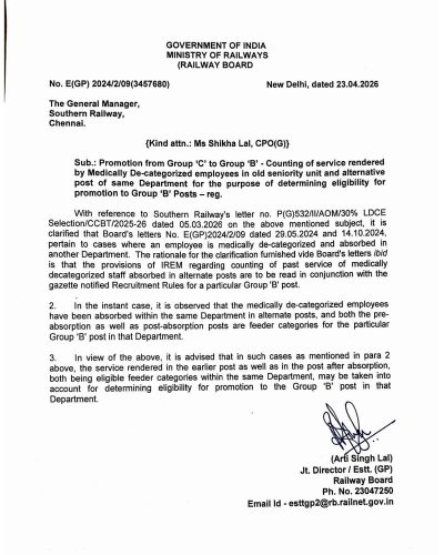 Promotion from Group ‘C’ to Group ‘B’ - Counting of service rendered by Medically De-categorized employees: Railway Board Order 1 promotion-from-group-c-to-group-b-railway-board-23-04-2026