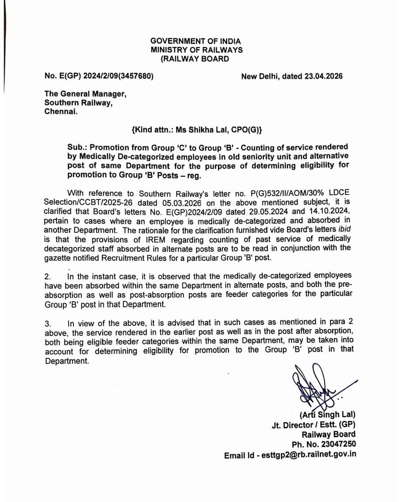 Promotion from Group ‘C’ to Group ‘B’ – Counting of service rendered by Medically De-categorized employees: Railway Board Order