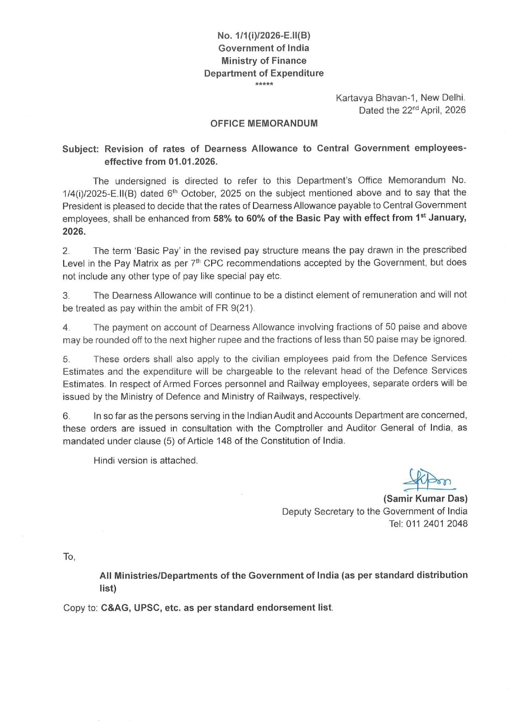Revision of rates of Dearness Allowance from 01.01.2026 for Central Govt. Employees: Department of Expenditure, FinMin O.M. Revision of rates of Dearness Allowance from 01.01.2026 for Central Govt. Employees: Department of Expenditure, FinMin O.M.