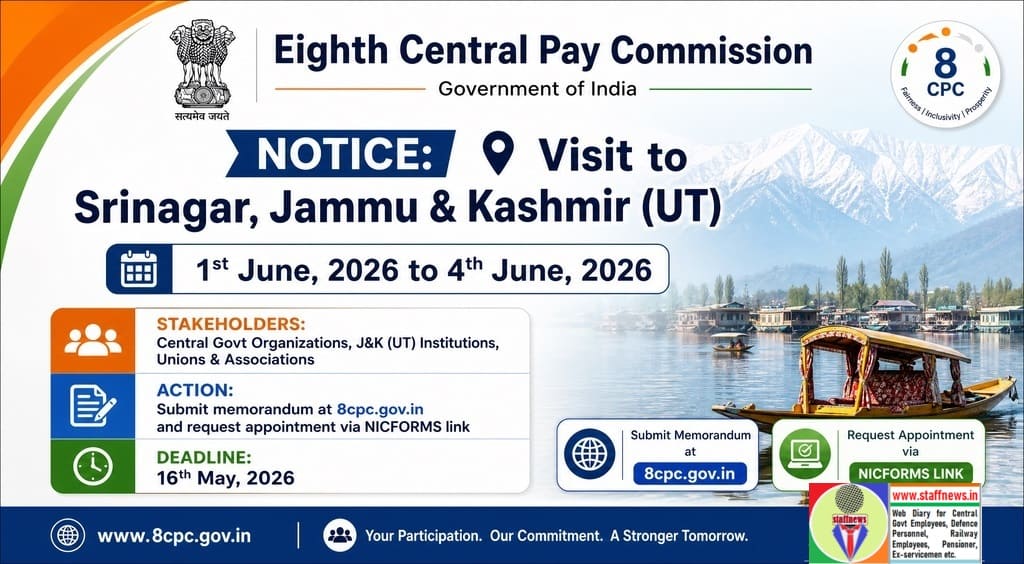 8th Central Pay Commission Srinagar, J&K(UT) visit on 1-4 June, 2026: Notice