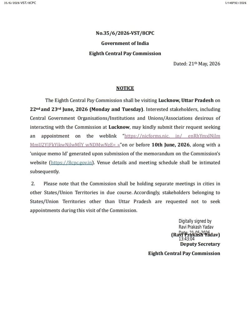 8th Central Pay Commission Visit to Lucknow, Uttar Pradesh 22-23 June, 2026: Notice 8th Central Pay Commission Visit to Lucknow, Uttar Pradesh 22-23 June, 2026: Notice