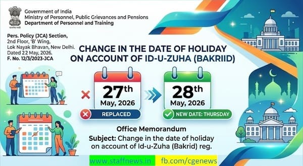 Change in the date of holiday on account of Id-u-Zuha (Bakrid) to 28th May, 2026 in place of 27th May, 2026 Change in the date of holiday on account of Id-u-Zuha (Bakrid) to 28th May, 2026 in place of 27th May, 2026