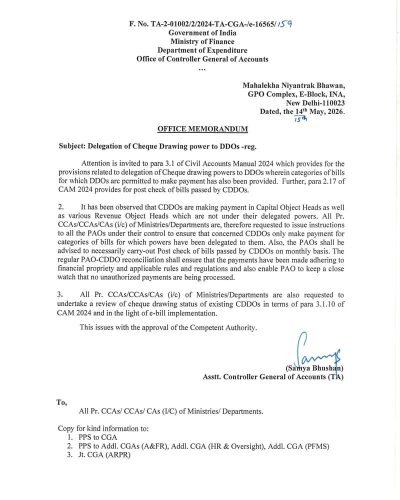 Delegation of Cheque Drawing power to DDOs as per Para 3.1 of CAM 2024: CGA's O.M. 1 delegation-of-cheque-drawing-power-to-ddos-cga-om