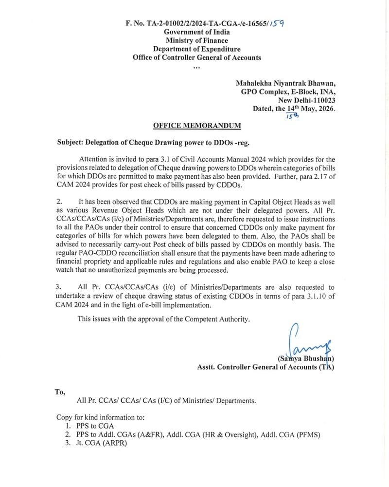 Delegation of Cheque Drawing power to DDOs as per Para 3.1 of CAM 2024: CGA’s O.M. Delegation of Cheque Drawing power to DDOs as per Para 3.1 of CAM 2024: CGA’s O.M.