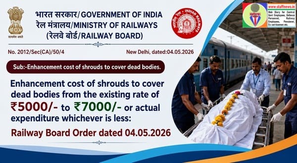 Enhancement cost of shrouds to cover dead bodies from the existing rate of ₹5000/- to ₹7000/-: Railway Board Order Enhancement cost of shrouds to cover dead bodies from the existing rate of ₹5000/- to ₹7000/-: Railway Board Order